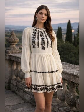 Ulla Johnson White Embroidered Mini Dress Black Detail Cotton Boho Size 0